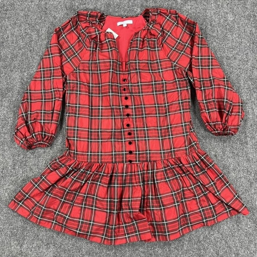 Antonio Melani Dress Womens 4 Red Plaid Karla Shirt Dress Ruffle Hem Puff Sleeve